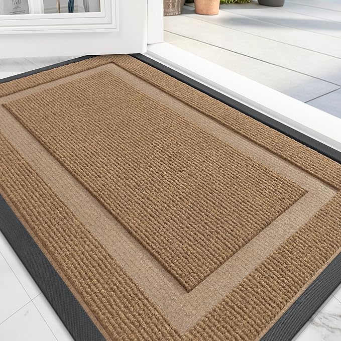 OLANLY Front Door Mat Indoor Outdoor Entrance, Waterproof All-Season, All-Weather Doormat, Sturdy Natural Rubber, Fade Resistant, Low Profile, Easy Clean Patio Porch Entryway Mat, 59x40, Light Borwn