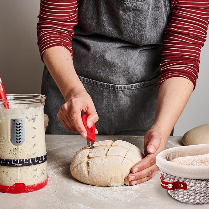 KneadAce Sourdough Starter Kit – 34oz Starter Jar, 2 Round Banneton Proofing Baskets, Magnetic Bread Lame for Scoring – Gift for Bakers & Complete Sourdough Bread Baking Set