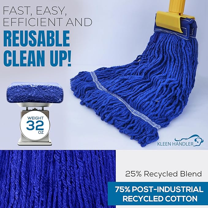 KLEEN HANDLER Blended Loop End Heavy Duty Mop Head Replacement, Wet Mop Refills for Industrial and Commercial Use, Dark Blue, 32 Oz (24-Pack)