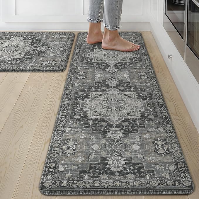GENIMO Kitchen Mats for Floor 2PCs, Washable Anti Fatigue Mat for Cushioned, 17.3"x59"+17.3"x30", Waterproof Kitchen Rugs, Non Slip Comfort Standing Mat Rug for Home, Sink, Laundry, Dark Gray
