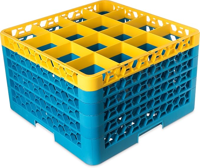 CFS RG16-5C411 OptiClean 16 Compartment Glass Rack with 5 Extenders, 11.9", Polypropylene, Yellow/CFS Blue