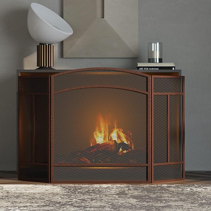 Fire Beauty Fireplace Screen 3 Panel Wrought Iron 48"(L) x 29"(H) Spark Guard Cover(Antique Bronze)