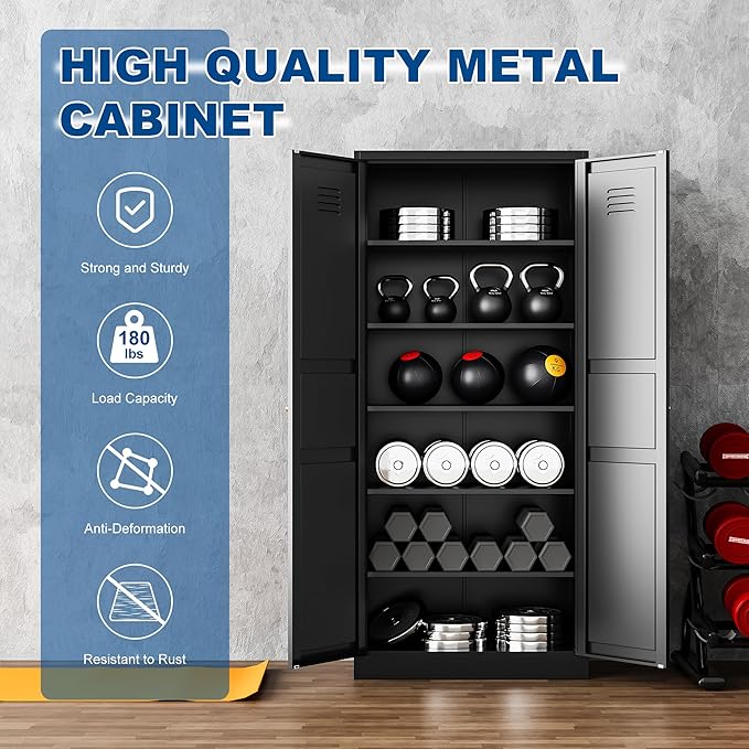 Metal Storage Cabinet-71” Tall Steel File Cabinets with Doors and 5 Adjustable Shelves-Black Steel Storage Cabinet for Home,Kitchen, School, Office, Garage