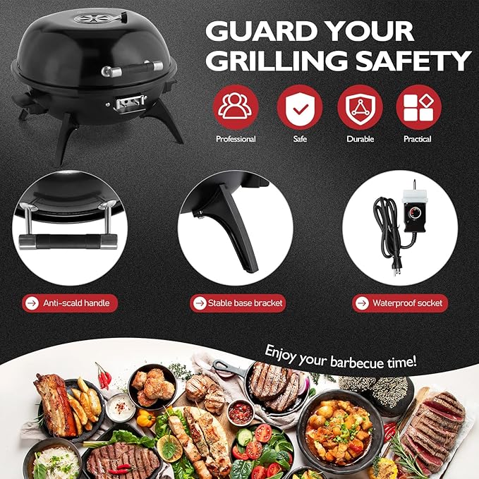 ROVSUN 1600W Tabletop Electric Grill with Temperature Control, Black 304 Stainless Steel Grill w/Double Layer Design, Portable & Removable, Small Stove for Indoor and Outdoor Use