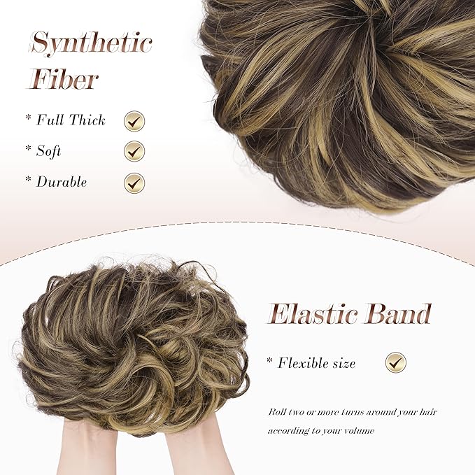 FESHFEN Large Messy Bun Hair Piece - Wavy Synthetic Chignon Scrunchies Elastic Ponytail Hair Extensions Thick Hairpieces for Women, Dark Brown & Champagne Blonde 1.94oz
