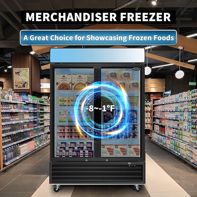 54" Commercial Upright Freezer with 2 Glass Door, 45 Cu.Ft Display Freezer Upright, -8~-1℉, Reach-in Fan Cooling Freezer with 8 Shelves & LED Top Panel for Restaurant Diner Bar, ETL Approved