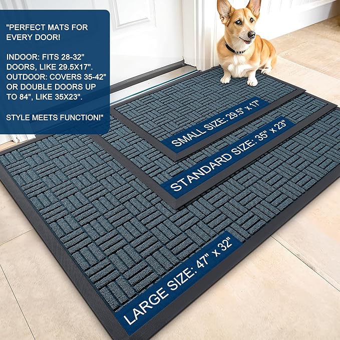 OLANLY Front Door Mat Outside Entrance 47x32, Absorbent, Heavy Duty Sturdy Natural Rubber Doormat Indoor Outdoor, Non-Slip, Stain and Fade Resistant, Low Profile Floor Mat for Entryway, Lake Blue