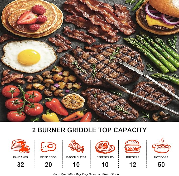 Brand-Man Propane Tabletop Griddle, 2-Burner Portable Flat Top Grill with Hood, Warming Rack & Adapter Hose - Supports 1 lb & 20 lb Gas Cylinders for Versatile BBQ Cooking, Camping, Home BBQ