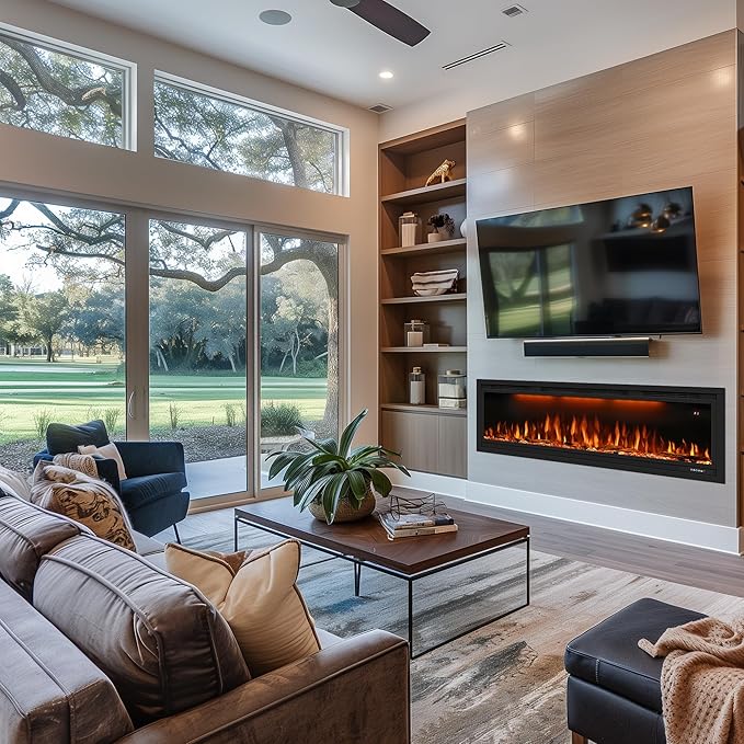 Electric Fireplace 42 inch, Recessed Wall Mounted Fireplace Heater, Linear in-Wall Fireplace, Logs & Crystal Options, 750/1500W, Black (42")