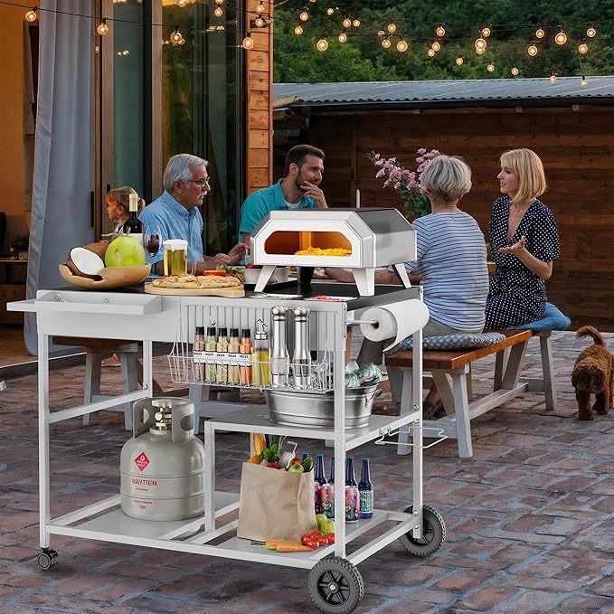 JY QAQA Outdoor Pizza Oven Stand with Condiment Shelf, Outdoor Cooking Cart, Grill Worktable for Patio, Food Prep Station Fits Ninja Woodfire Grill, Cuisinart Grill, Blackstone Griddle