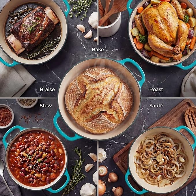 Zulay Kitchen 6 Quart Enameled Cast Iron Dutch Oven with Lid – Premium Durability & Oven Safe up to 500°F – Heavy Duty Cookware Perfect for Bread Baking, Stews, Braising & Roasting – Light Blue