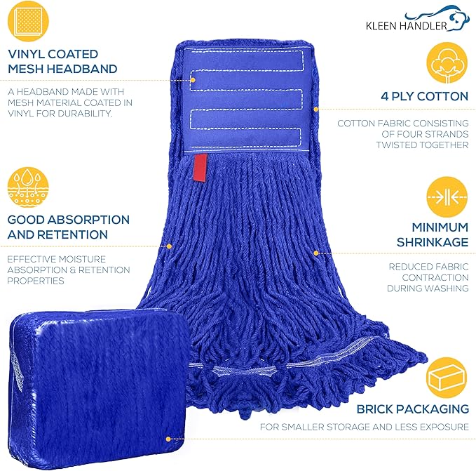 KLEEN HANDLER Blended Loop End Heavy Duty Mop Head Replacement, Wet Mop Refills for Industrial and Commercial Use, Dark Blue, 24 Oz (24-Pack)