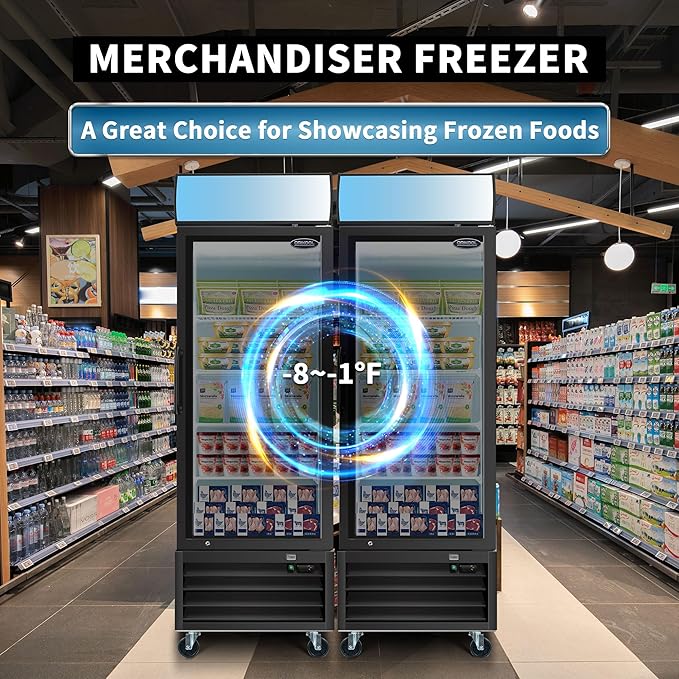 mikibama Glass Door Merchandiser Freezer, 19.3 Cu.ft Swing Door Commercial Reach-In Display Refrigerator with LED Top Panel Upright Freeze Storage, Single Cabinet, Black