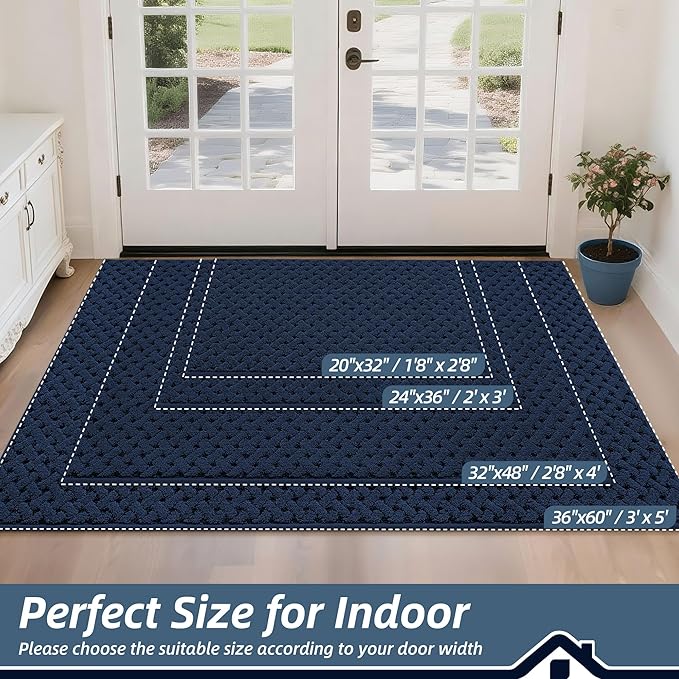 BEQHAUSE Dirt Trapper Door Mat Non-Slip Entryway Rugs Stain Resistant Absorbent Dog Doormats Woven-Look Washable Welcome Floor Doormat for Front Back Door, Muddy Wet Shoes & Paws, 36" x 60", Blue