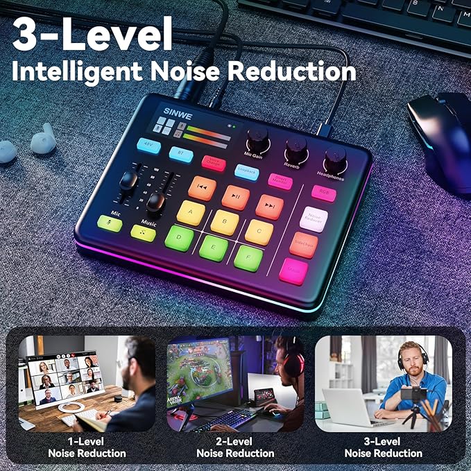 SINWE G1 Gaming Audio Mixer, RGB Audio Interface with Pro-preamp,Bluetooth, Streaming PC Mixer with XLR/48V Phantom Power for Live Streaming, Podcasting, Content Create, Gaming(Black)