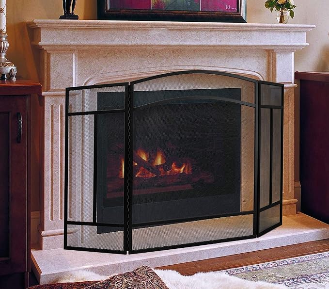 Fire Beauty Fireplace Screen 3 Panel Wrought Iron 48"(L) x 29"(H) Spark Guard Cover(Sanded Black)