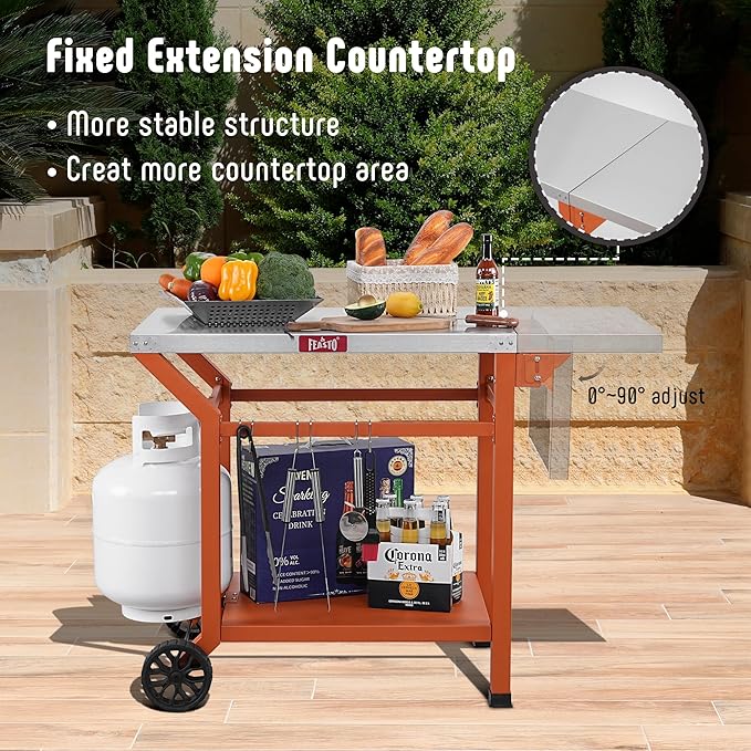 Movable Grill Table with Folding Side Table, Pizza Oven Table as BBQ Food Prep Cart with Undershelf for Outdoor & Indoor Use, 43" L x 20" W Stainless Steel Tabletop, Orange