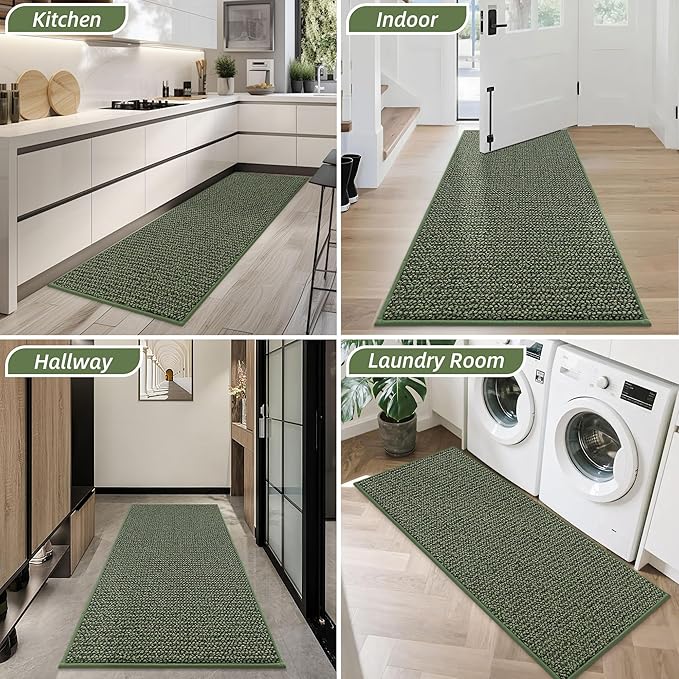 BEQHAUSE Dirt Trapper Door Mat 20" x 48", Non-Slip Washable Doormats Entrance Mat, Dirt Resistant and Absorbent Welcome Mat, Low Profile Floor Mats for Front Back Door and Entryway, Green
