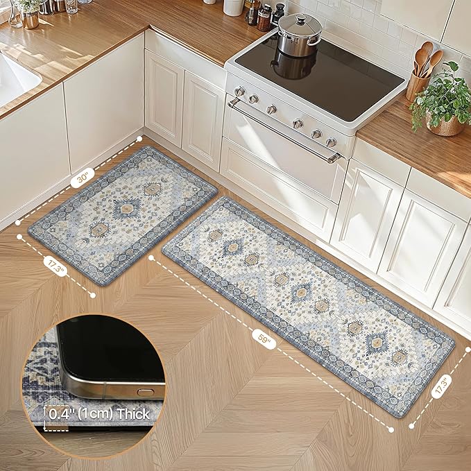 GENIMO Kitchen Mats for Floor, 2PCS Kitchen Rugs Non Slip Washable, Waterproof Anti Fatigue Mat, Comfort Standing Runner Rug for Sink, Office, Laundry, Home, 17.3"x59"+17.3"x30", Muted Blue