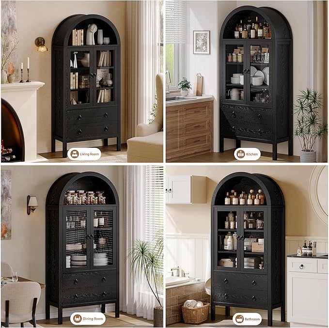 71'' Tall Arched Cabinet, Arched Kitchen Pantry Cabinet with Doors, Wood Arch Storage Cabinets Display Bookcase with 2 Large Drawers and Adjustable Shelves, Versatile Cupboard for Living Room