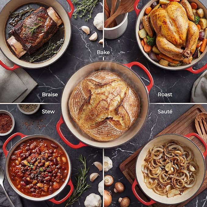 Zulay Kitchen 5 Quart Enameled Cast Iron Dutch Oven Pot with Lid – Premium Durability & Oven Safe up to 500°F – Heavy Duty Cookware Perfect for Bread Baking, Stews, Braising & Roasting – Red