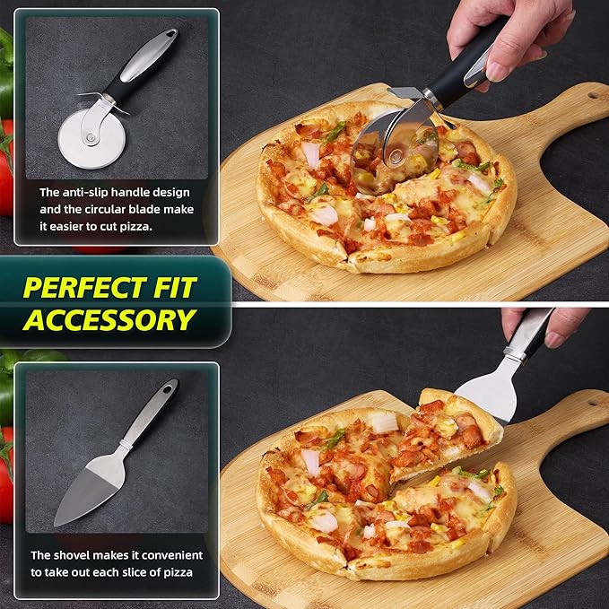 13 Inch Cordierite Pizza Stone 4-Piece Set for Oven & Grill - Round Baking Stone with Wooden Peel, Roller Cutter & Mini Cake Shovel