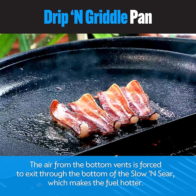 SnS Grills Slow ‘N Sear Cast Iron Drip 'N Griddle Pan 22", 3-in-1 Versatile Grill Accessory for Searing, Griddle and Drippings - Fits Weber & Similar 22” Kettle Grills