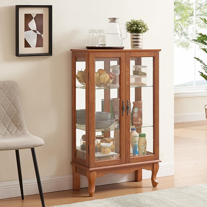 43" H Lighted Curio Cabinet Display Case with Light Bulb, Glass Curio Cabinet with Adjustable Shelves & Tempered Glass Door, Wooden Cabinets w/Mirrored Back Pane for Living Room(Oak)
