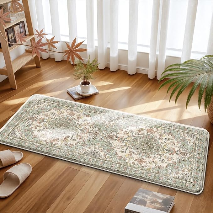 Boho Kitchen Mats for Floor 2 Piece Set Anti Fatigue Cushioned PVC Kitchen Rugs Non Slip Waterproof Farmhouse Mats 2/5 Inch Comfort Standing Mat for Sink, Laundry, 17.3"x59"+17.3"x28", Green Beige