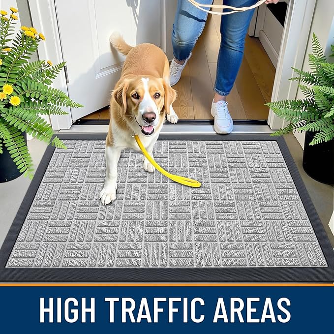 OLANLY Front Door Mat Outside Entrance 59x23, Absorbent, Heavy Duty Sturdy Natural Rubber Doormat Indoor Outdoor, Non-Slip, Stain and Fade Resistant, Low Profile Floor Mat for Entryway, Light Gray