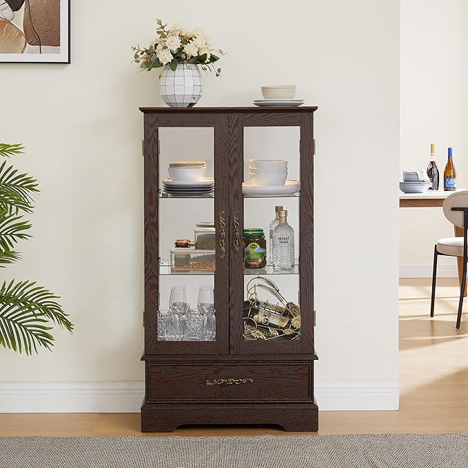 47" H Lighted Curio Cabinet Display Case, Glass Case with Adjustable Shelves,Tempered Glass Door and Drawer, Wooden Curio Cabinet with Mirrored Back Pane for Living Room (Dark Cherry)