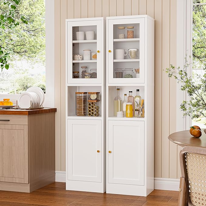 Narrow Glass Door Storage Cabinet Tall Metal Storage Cbinets with 4 Adjustable Shelves Freestanding 5 Tier Slim Pantry Cabinet for Kitchen Office Small Space