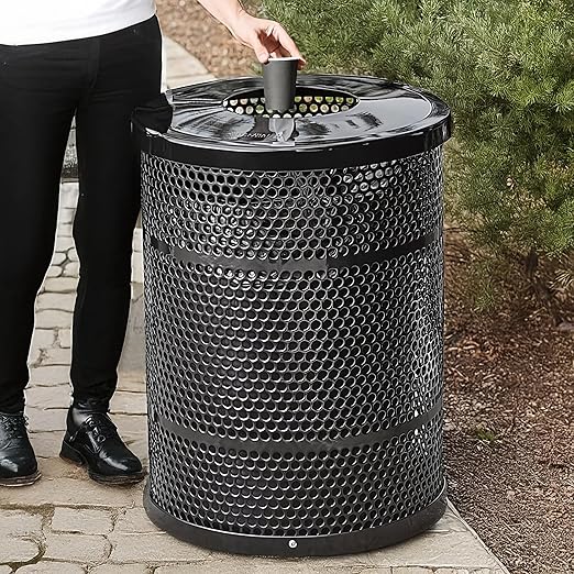 32 Gallon Perforated Recycle Container with Flat Lid, Steel Outdoor Heavy-Duty Commercial Trash Can, Black Round Waste Bin, Durable Garbage Can for Municipalities, Schools, Parks, Parking