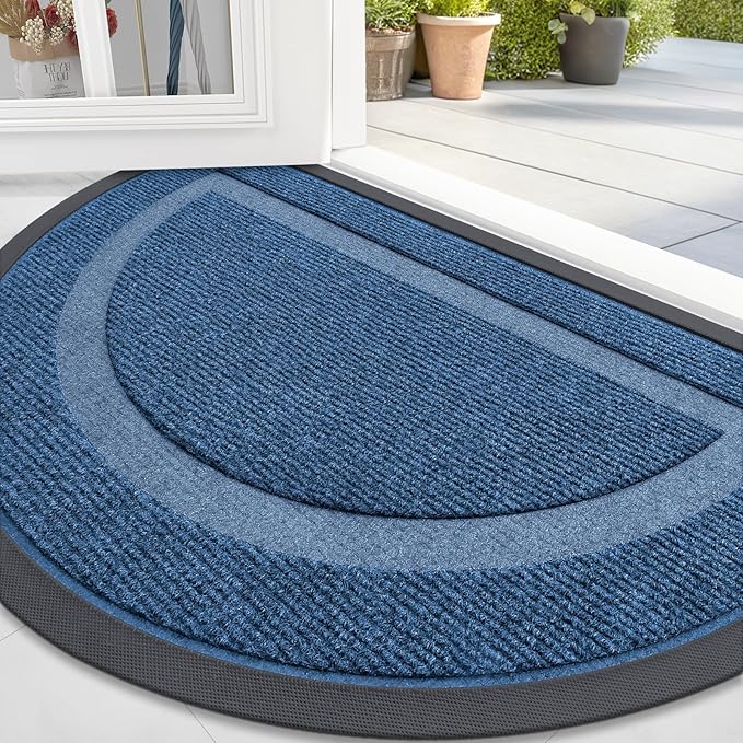 OLANLY Half Circle Door Mat Indoor Outdoor Entrance Welcome, Waterproof All-Season, All-Weather Doormat, Sturdy Natural Rubber, Low Profile, Easy Clean Patio Porch Entryway Mat, 35x23, Light Blue