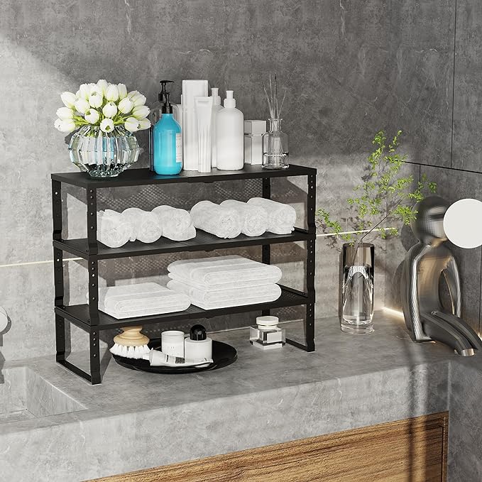 Expandable Adjustable Stackable Kitchen Organizer, Spice Rack,Metal Pantry Storage Shelves Racks,Counter Shelf for Cabinets, Countertop, Cupboard(1 Pack/Large/Black)