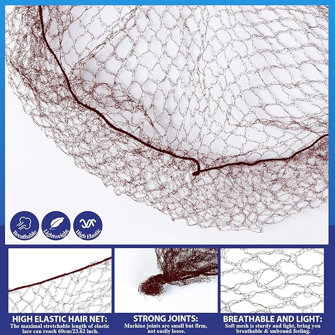 Teenitor 50pcs 24'' Hair Nets for Food Service Workers, Unisex, Professionals, Various Ages, Hair Net, Brown, Solid, Nylon, Large, Modern, Pull-On