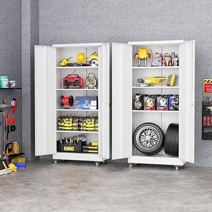 Greenvelly Metal Garage Storage Cabinet with Wheels, 73" White Steel Rolling Cabinet with 2 Door Lock and Adjustable Shelves,Locking Storage Cabinet for Garage Home Office Utility Room