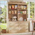 Vyre 71" Farmhouse Kitchen Pantry Cabinet Set of 2, Brown Freestanding Coffee Bar Hutch with Drawers & Adjustable Shelves, Large Storage Cabinet with Microwave Stand for Living Room & Kitchen