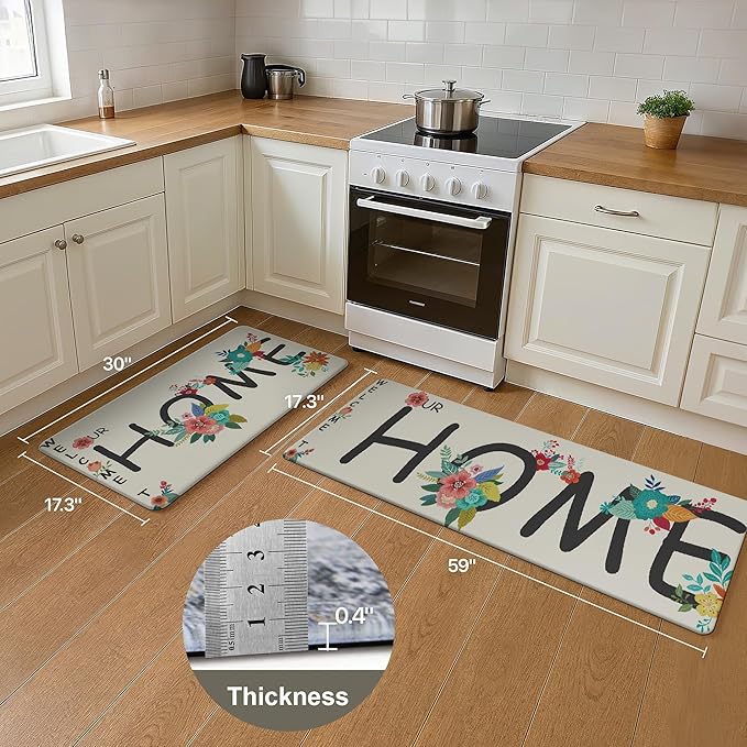 GENIMO Anti Fatigue Kitchen Mats for Floor, Non Slip Washable Home Theme Rugs Sets of 2, Farmhouse Cushioned Waterproof Comfort Runner Rug for Kitchen, Sink, Desk, Laundry, 17"x 59"+17"x 30", Blue