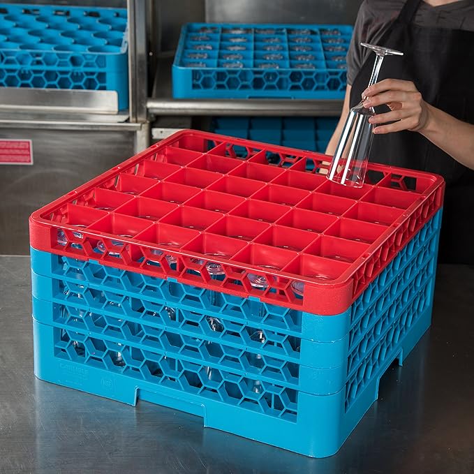 CFS RG36-4C410 OptiClean 36 Compartment Glass Rack with 4 Extenders, 10.3", Polypropylene, Red/CFS Blue