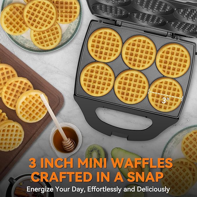 Baker's Friend Multi Mini Waffle Maker Machine, 6 x 3'' Small Waffle Iron, Perfect for Families and Individuals Use, Excellent Choice for Breakfast Brunch Parties & Events, Graphite