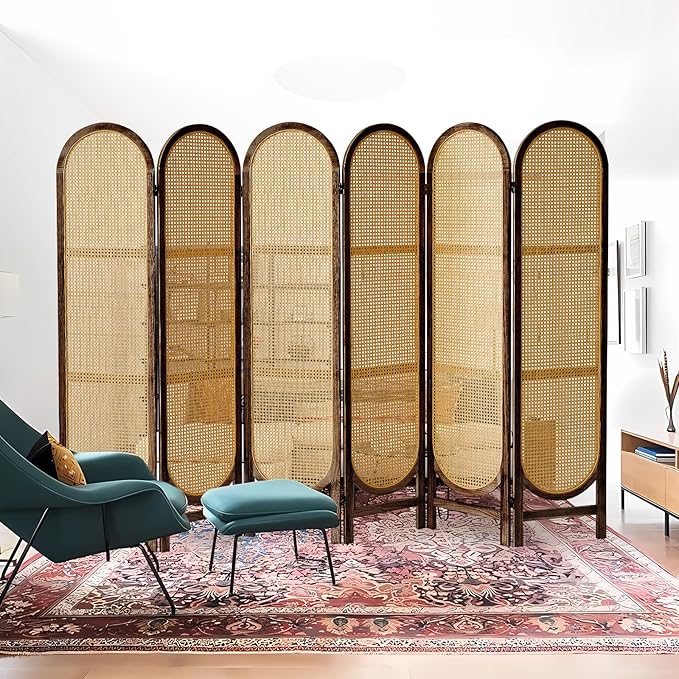 6 Panel Room Divider, Hand-Woven Rattan Room Divider Screen, Folding Privacy Screens with Double Hinges, Wooden Freestanding Wall Divider for Room Separation Bedroom Home Office - Brown