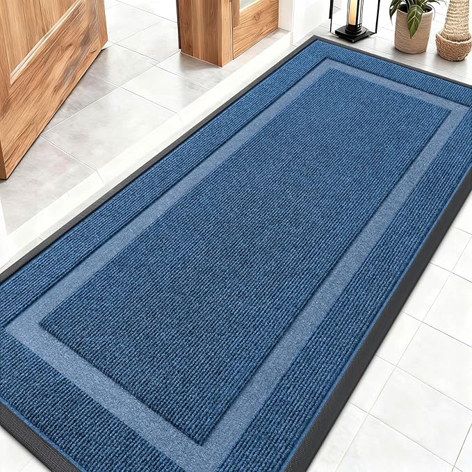 OLANLY Front Door Mat Indoor Outdoor Entrance, Waterproof All-Season, All-Weather Doormat, Sturdy Natural Rubber, Fade Resistant, Low Profile, Easy Clean Patio Porch Entryway Mat, 59x23, Light Blue