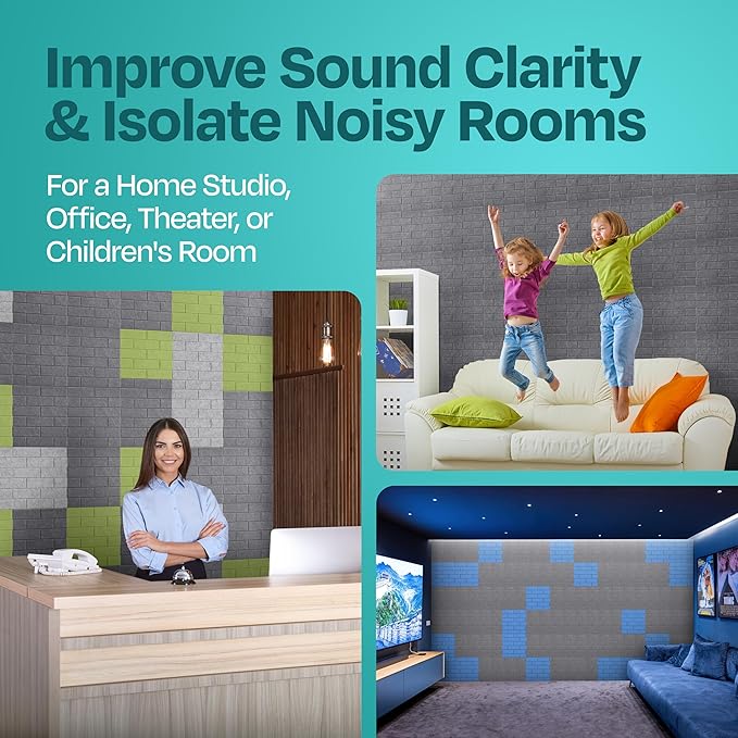 Acoustic Panels 18-Pack Soundproof Wall 12"X12"X0.4" Brick Style Premium Sound Dampening Easy Self Adhesive Installation - [Pebble Gray]