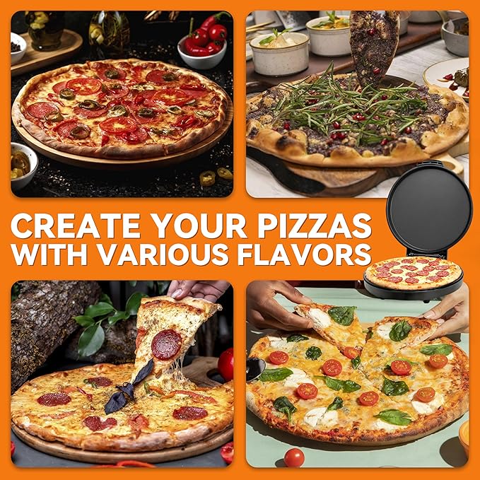Baker’s Friend Pizza Maker Electric with Temperature Control, Indoor Quesadilla Maker, 12 Inch Electric Pizza Maker Machine for Home, Pizza Cooker, 1400W, Graphite