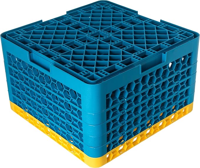 CFS RG49-5C411 OptiClean 49 Compartment Glass Rack with 5 Extenders, 11.9", Polypropylene, Yellow/CFS Blue