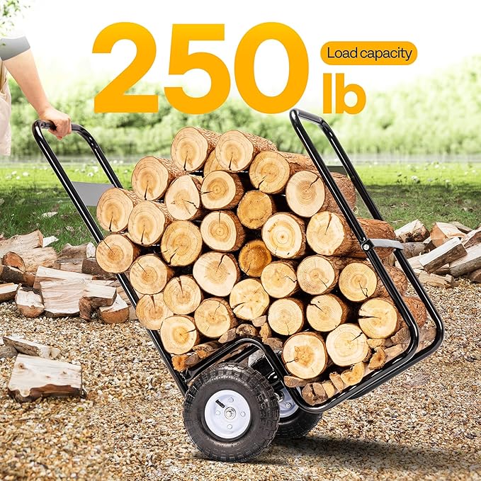 VIVOHOME Large Firewood Cart with Rubber Wheels and 600D Oxford Cloth, 250 LB Capacity Heavy Duty Steel Log Carrier Dolly Hauler, Rolling Wood Rack Storage Mover for Easy Transport Indoor Outdoor Use