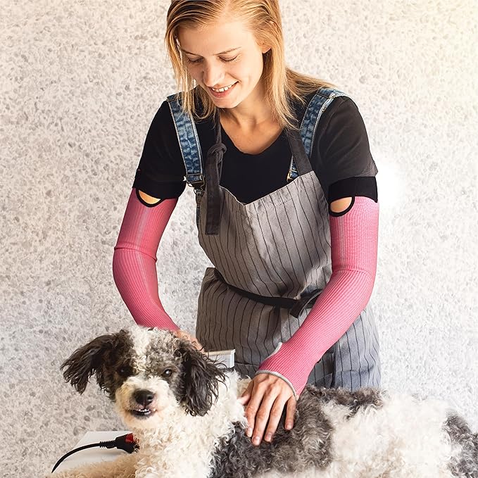 OriStout Cut Resistant Gardening Sleeves with Tumb Hole, Protective Arm Sleeves for Yard Work, Kitchen, Arm Guards for Biting, Pet Grooming, Gardening Gifts for Women, Pink & Green, 2 Pairs