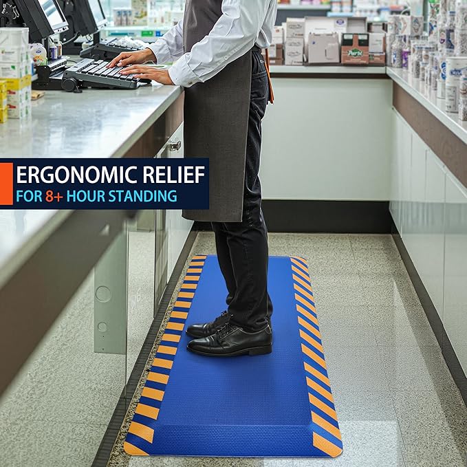 FEATOL Anti Fatigue Mat Industrial, Ergonomic Standing Floor Mat for Work for Stand -Safety Support for Leg & Back Pain(Blue with Yellow Border, 20" x 59", 1PC)