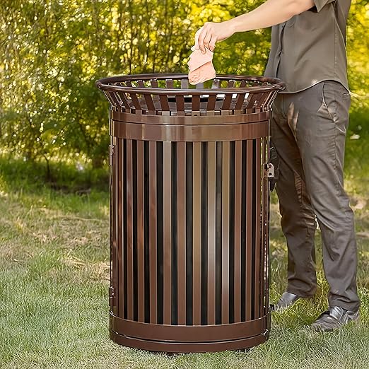 45 Gallon Commercial Brown Waste Bin with Flat Lid & Door, Heavy-Duty Outdoor Trash Can Steel Slatted, Round Recycle Container, Durable Garbage Can for Parks, Municipalities, Schools, Parking